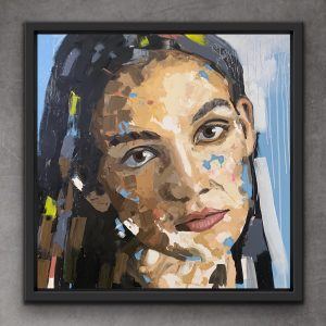 portret kobiety namalowany na formacie 100x100 cm przedsatawia kobietę o pięknycjh oczach