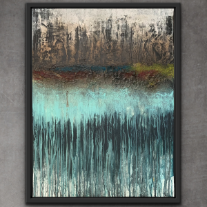 obraz abstrakcyjny 120x90 z zaciekami w odcieniach turkusu i brązu imitujące w ciekawy sposób las