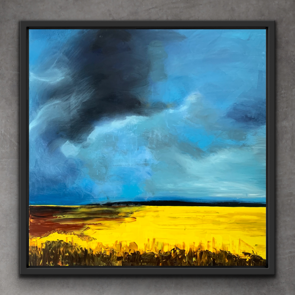 pejzaż 100x100 cm to obraz akrylowy w pięknych kolorach odcieniach niebieskiego oraz żółtego