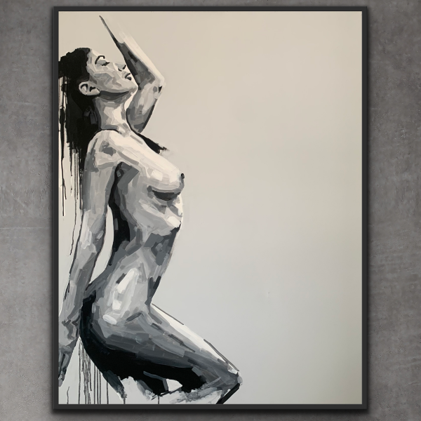 ręcznie malowany obraz, czarno-biały akt kobiecy z zaciekami